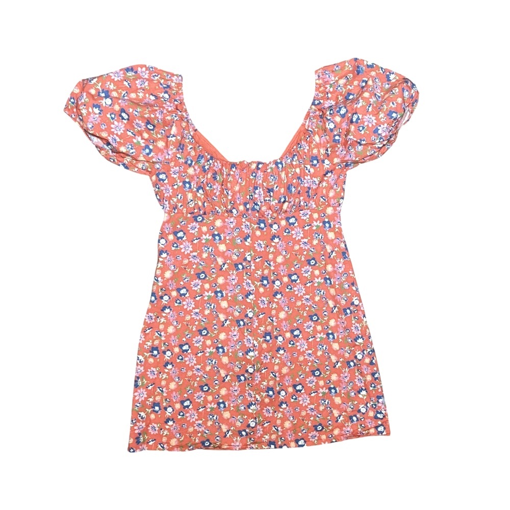 Wayf Floral Babydoll Puff Sleeve Mini Dress Medium Fairycore Orange Blue - Picture 3 of 7